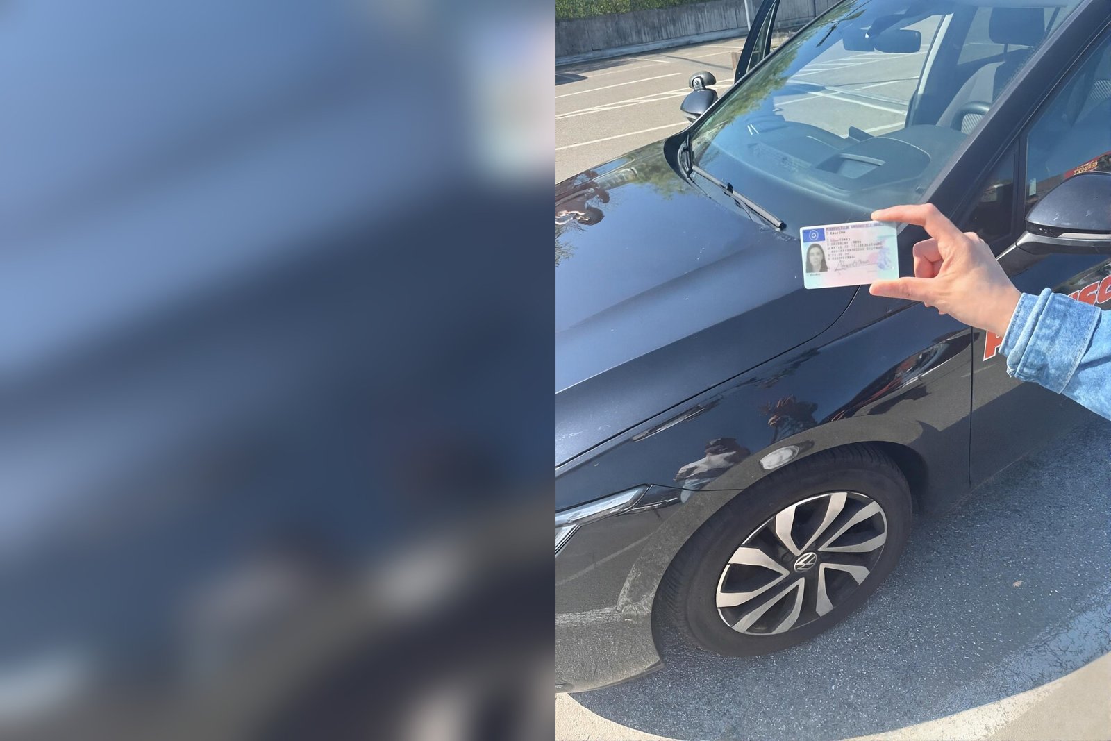 Hand hält einen offiziellen deutschen Führerschein vor einem Auto